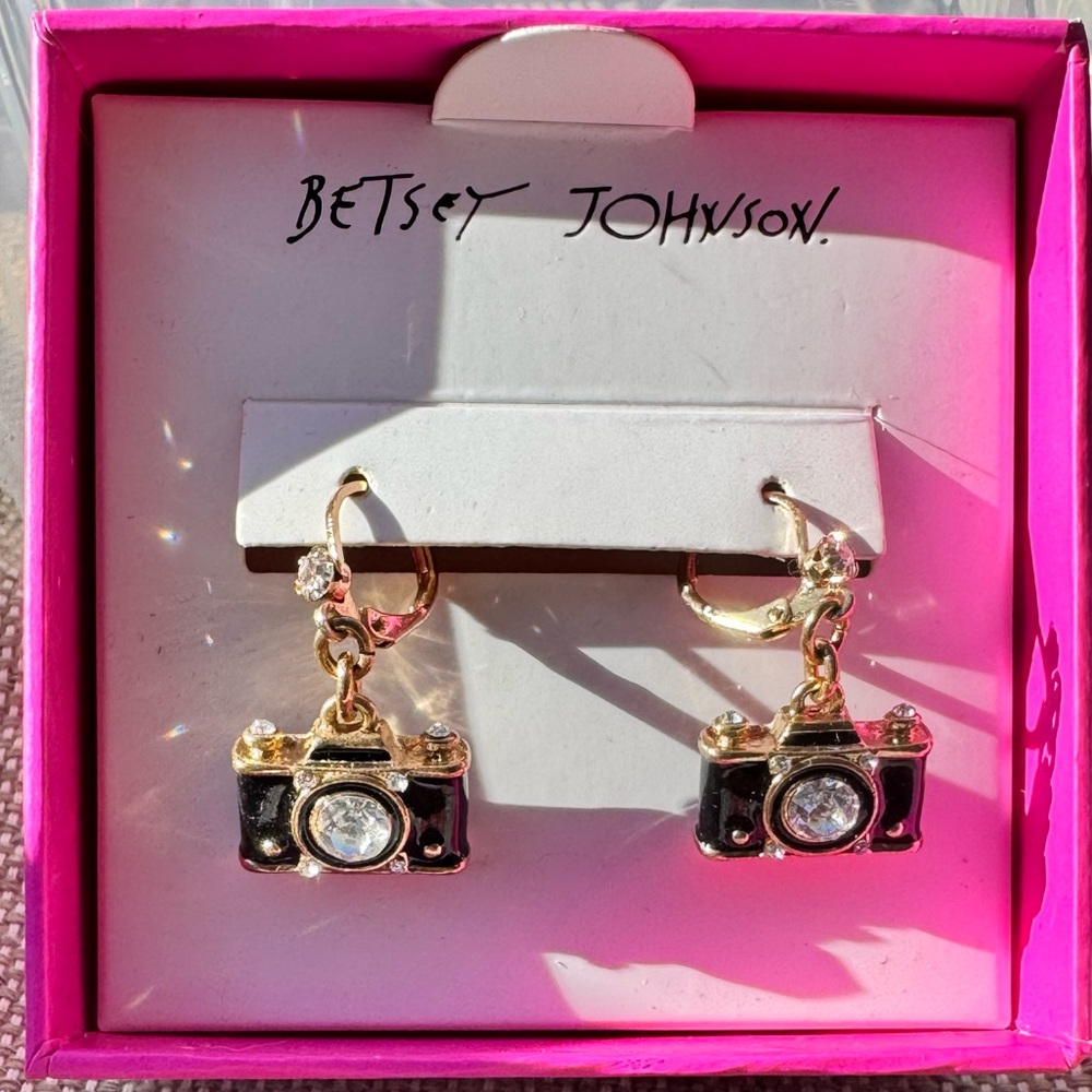Betsey Johnson Black and Gold Camera Earrings